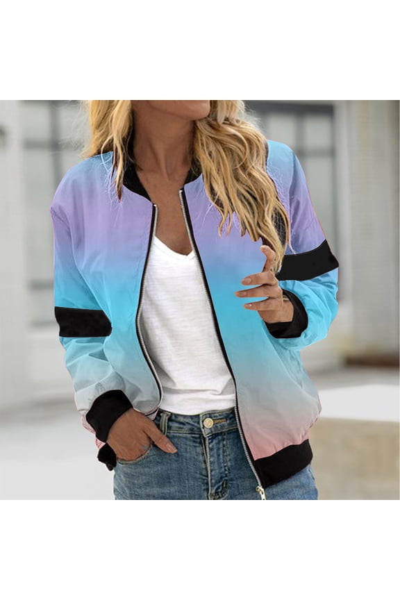 Jackets for Women Lightweight Zip Up Bomber Jacket Pockets Tid Dye Print Windproof Outwear Fall Gradient Long Sleeve Coat Streetwear Multicolor