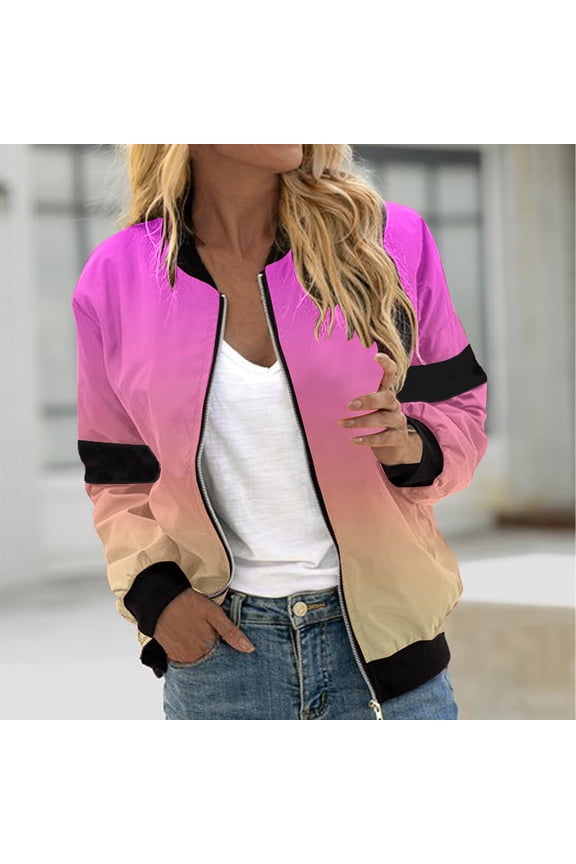 Jackets for Women Lightweight Zip Up Bomber Jacket Pockets Tid Dye Print Windproof Outwear Fall Gradient Long Sleeve Coat Streetwear Yellow