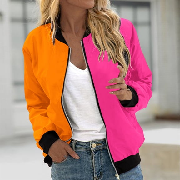 Hvyesh Jackets for Women Lightweight Zip Up Bomber Jacket with Pockets Stand Collar Windproof Outwear Fashion Fall Coat Orange