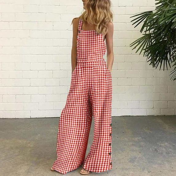 Hvyesh Jumpsuits for Women, Women Sleeveless Overalls Jumpsuit Casual Plaid Print Summer Wide Leg Bib Pants