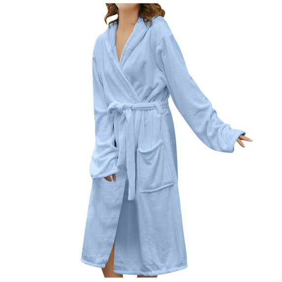 Hvyesh Kimono Robe for Women Long Hooded Bathrobe Trendy Terry Cloth Robes Knee Length Shawl Collar Towel Bathrobe Comfy Home Pajamas