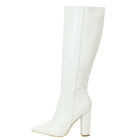 Hvyesh Knee High Boots for Women Gogo Boots 70s Boots,Leather Pointed Toe Chunky Knee High Wedge Dress Boots, Fashion Long Chunky Tall Gogo Boots for Fall