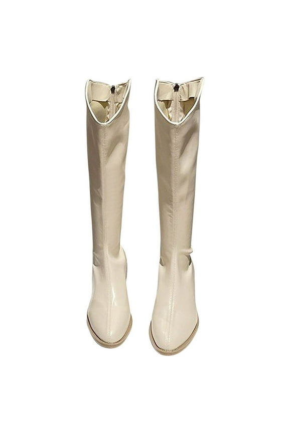 Knee High Boots for Women Gogo Boots 70s Boots,Leather Pointed Toe Chunky Knee High Wedge Dress Boots, Fashion Long Chunky Tall Gogo Boots for Fall