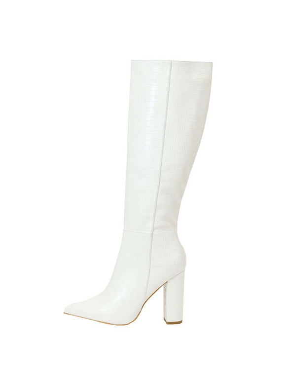 Knee High Boots for Women Gogo Boots 70s Boots,Leather Pointed Toe Chunky Knee High Thick Soled Dress Boots, Fashion Long Chunky Tall Gogo Boots for Fall
