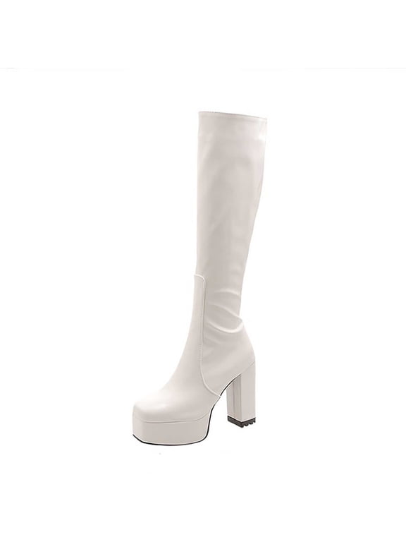 Knee High Boots for Women Gogo Boots 70s Boots,Leather Square Toe Chunky Knee High Thick Soled Dress Boots, Fashion Long Chunky Tall Gogo Boots for Fall