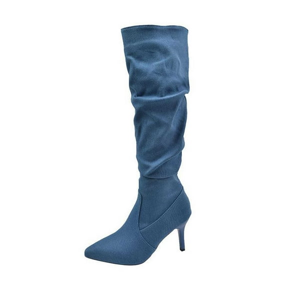 Hvyesh Knee High Boots for Women Stiletto High Heel Gogo Boots,Leather Pointed Toe Chunky Knee High Wedge Dress Boots, Fashion Long Chunky Tall Gogo Boots for Fall Women's Shoes Clearance