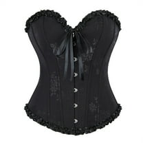 Hvyesh Lace Trim Corset Top for Women Strapless Lace Up Boned Overbust Bustier Strapless Retro Floral Renaissance Waist Trainer Black