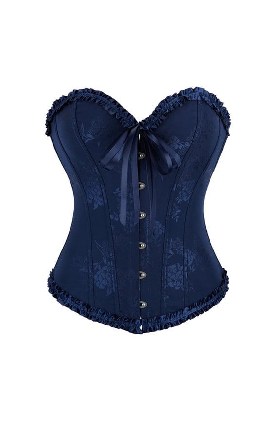 Lace Trim Corset Top for Women Strapless Lace Up Boned Overbust Bustier Strapless Retro Floral Renaissance Waist Trainer Blue