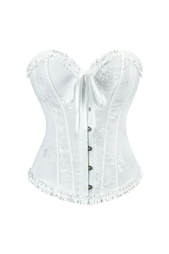 Lace Trim Corset Top for Women Strapless Lace Up Boned Overbust Bustier Strapless Retro Floral Renaissance Waist Trainer White