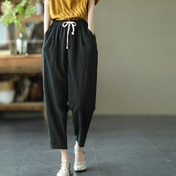 Hvyesh Linen Capris for Women Plus Size Summer Casual Pants Loose Fit Cropped Pants Drawstring Elastic Waist Lounge Pant with Pockets