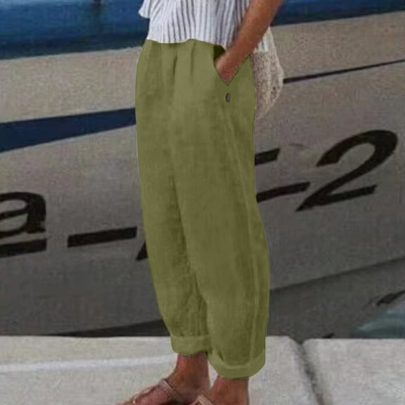 Hvyesh Linen Pants Women Summer Elastic Waist Straight Leg Lounge Pants Solid Color Lightweight Trendy Trousers with Pocket