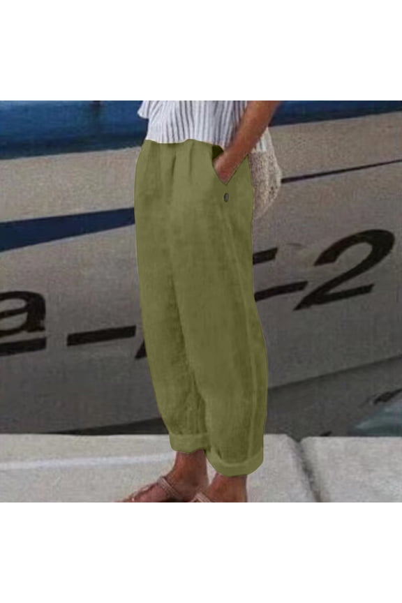 Linen Pants Women Summer Elastic Waist Straight Leg Lounge Pants Solid Color Lightweight Trendy Trousers with Pocket