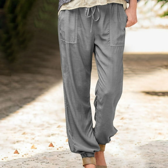Hvyesh Linen Pants for Women Elastic High Waisted Palazzo Pants Casual Wide Leg Long Lounge Pant Trousers with Pocket