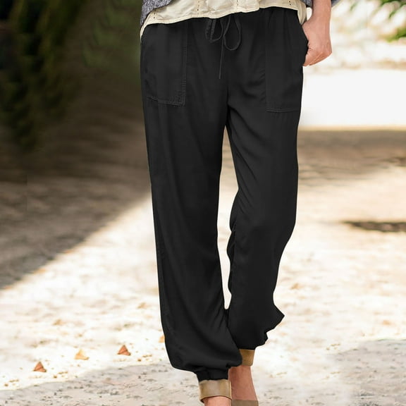 Hvyesh Linen Pants for Women Elastic High Waisted Palazzo Pants Casual Wide Leg Long Lounge Pant Trousers with Pocket