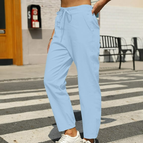 Hvyesh Linen Pants for Women High Waisted Drawstring Lounge Pant Summer Casual Pants Lightweight Beach Trousers