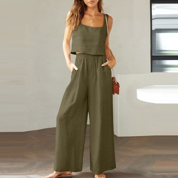 Hvyesh Linen Sets for Women 2 Piece Ladies Casual Suit Linen Shorts Sleeveless Top Vest Sleeveless Crewneck Top Shirt Suit