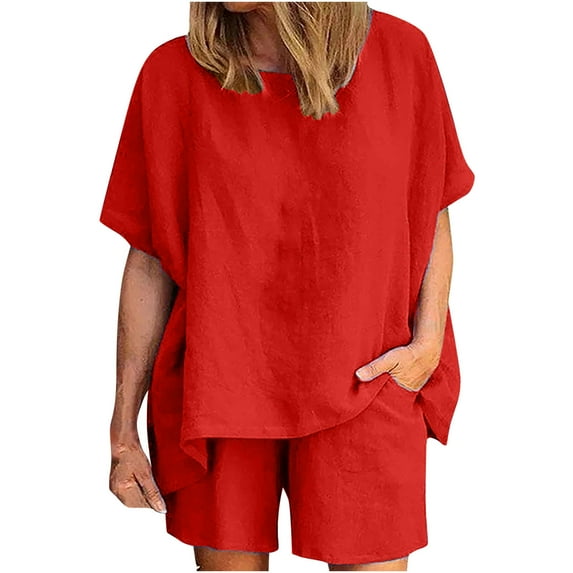 Hvyesh Linen Sets for Women 2 Piece Ladies Casual Summer Round Neck Short Sleeve Tops And Shorts Two Pieces Set Suit
