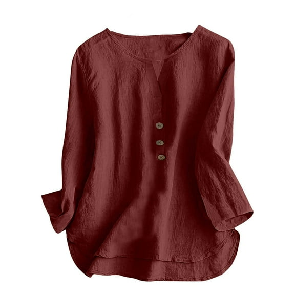Hvyesh Linen Shirts for Women 3/4 Length Sleeve Blouse Vintage Buttons V Neck Tops Summer Beach Flowy Casual Tops