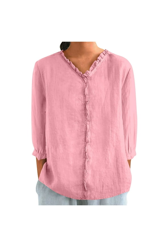 Linen Shirts for Women 3/4 Sleeve Ruffle Mock Neck Tshirt Boho Button Beach Vacation Tops Ladies Seniors Loose Fit Tee