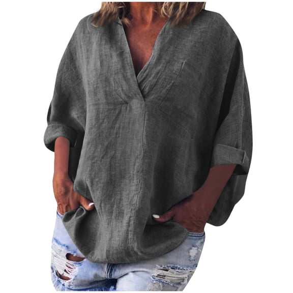 Hvyesh Linen Shirts for Women V Neck 3/4 Length Sleeve Tops Summer Solid Color Vacation Boho Tops Beach Blouses