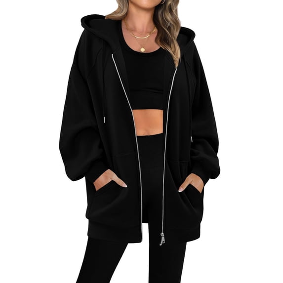 Hvyesh Long Hoodies for Women Long Sleeve Hooded Sweatshirts Solid Comfort Zip Up Jackets Coat with Pockets