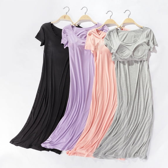 Hvyesh Long Nightgowns for Women Built In Bra Short Sleeve Sleep Shirt Lounge Soft Nightshirt Solid Color Sleepdress