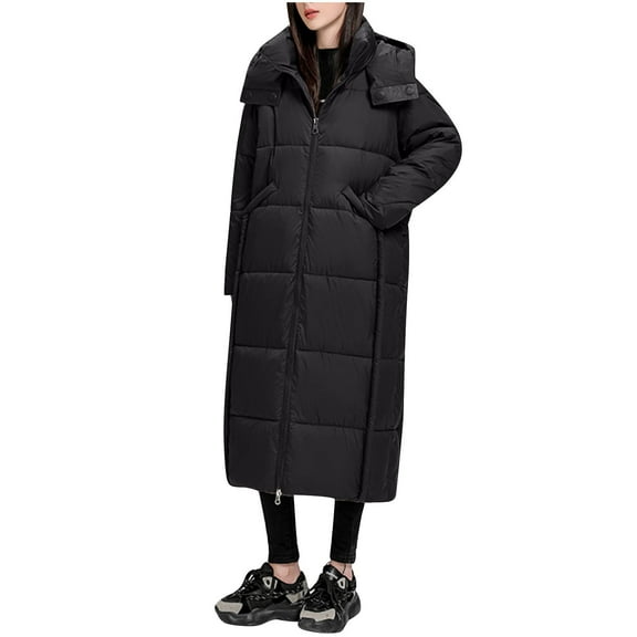 Hvyesh Long Puffer Coat Women Ankle Length Long Down Jacket 2025 Thermal Hooded Puffer Jacket Thick Warm Quilted Winter Coat Black M