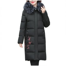 Hvyesh Long Puffer Coat for Women Plus Size Long Jacket Winter Quilted Thicken Puffer Coat Trendy Faux Fur Removable Hood Parka