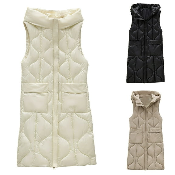 Hvyesh Long Quilted Vest for Women Sleeveless Hooded Jacket Winter Warm Zipper Up Puffer Coats Lightweight Outdoor Puffer Quilted Vest with Pockets Black