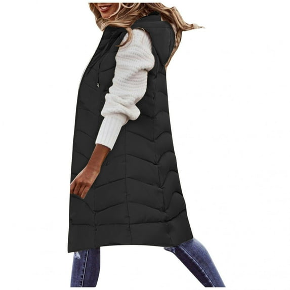 Hvyesh Long Quilted Vest for Women Sleeveless Plus Size Hooded Outerwear Coats Warm Zip Up Pockets Coats Winter Padded Thermal Gilet Outerwear