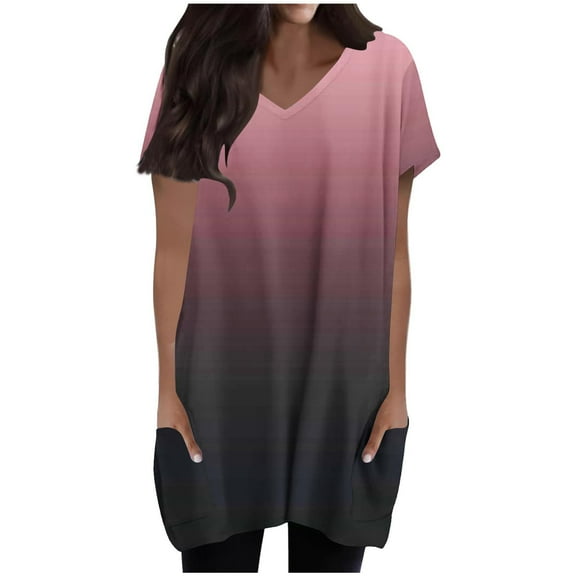 Hvyesh Long Shirts for Women for Leggings 2025 Summer Gradual Tunic Tops Loose Fit Dressy V Neck Tshirt with Pockets