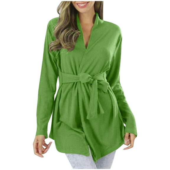 Hvyesh Long Sleeve Cardigan for Women Solid Open Front Sweater Plus Size Tops Loose Tie Up Cardigan Top