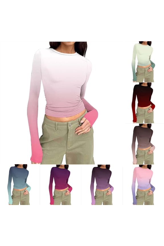 Long Sleeve Crop Tops for Women Going Out Crewneck Shirts Trendy Tie Dye Y2k Tight Workout Casual Dressy Blouses