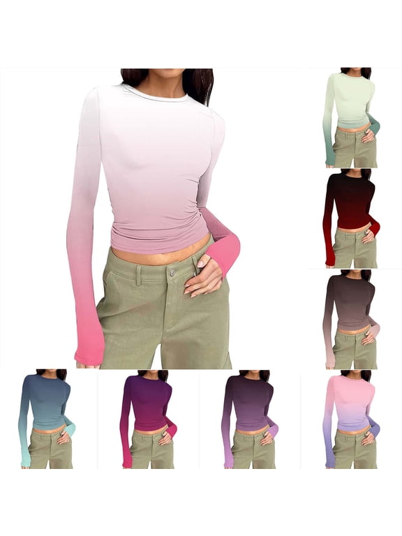 Long Sleeve Crop Tops for Women Going Out Crewneck Shirts Trendy Tie Dye Y2k Tight Workout Casual Dressy Blouses