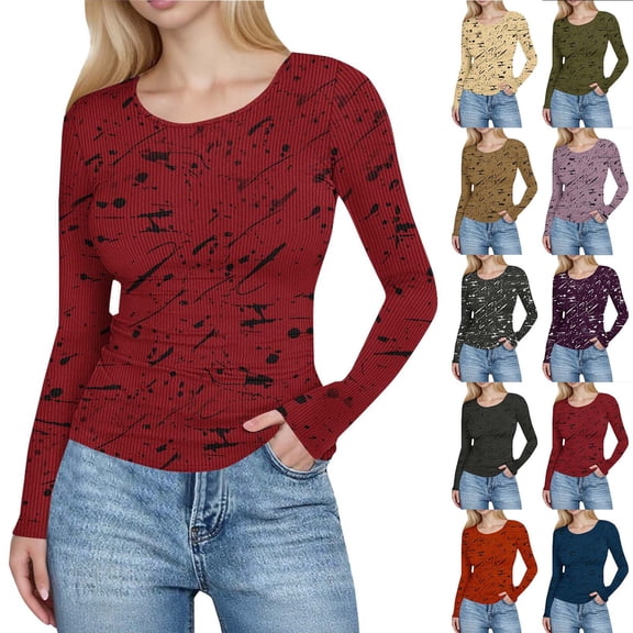 Hvyesh Long Sleeve Shirts for Women Crewneck Basic T-Shirts Casual Printing Slim Fit Stretch Tops