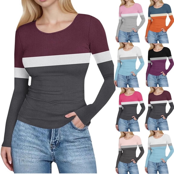 Hvyesh Long Sleeve Shirts for Women Crewneck Slim Fitted Going Out Tops Casual Color Block Shirts Tees