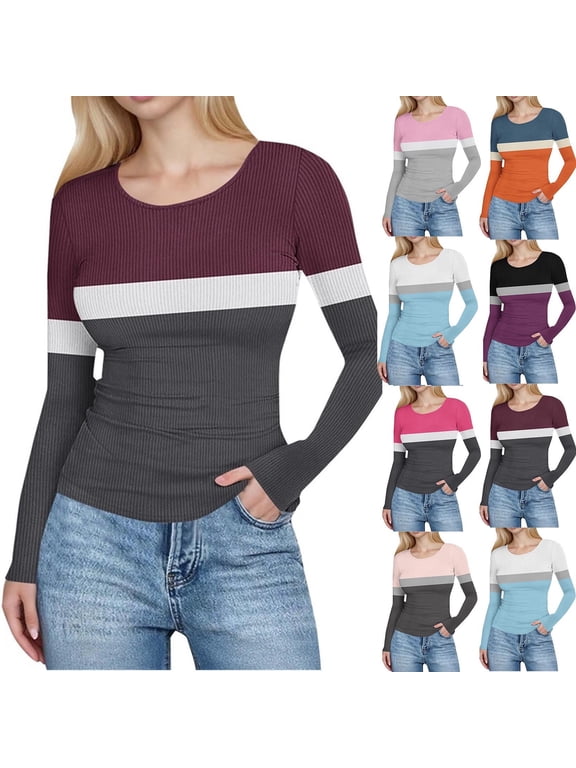 Long Sleeve Shirts for Women Crewneck Slim Fitted Going Out Tops Casual Color Block Shirts Tees