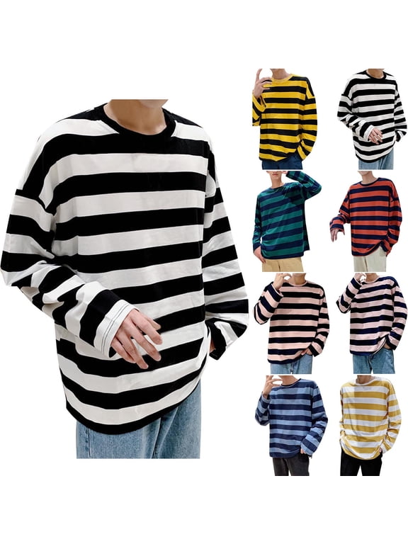 Long Sleeve Striped Shirts for Men Fall Baselayer Loose Crew Neck Sports Tshirt Lightweight Undershirts