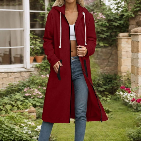 Hvyesh Long Zip up Hoodie Women Casual Drawstring Hooded Sweatshirt Cardigan Trendy Solid Long Jackets Winter Coats