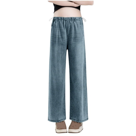 Hvyesh Maternity Drawstring Wide Leg Jeans High Elastic Waisted Stretch Long Pants Loose Fit Trouser Jeans Denim Pants