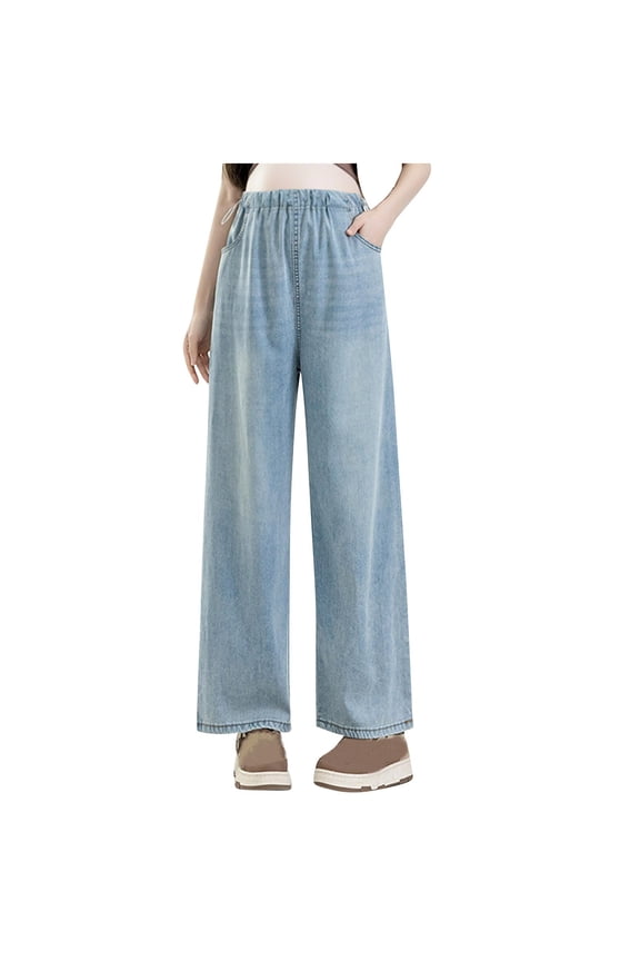 Maternity Drawstring Wide Leg Jeans High Elastic Waisted Stretch Long Pants Loose Fit Trouser Jeans Denim Pants
