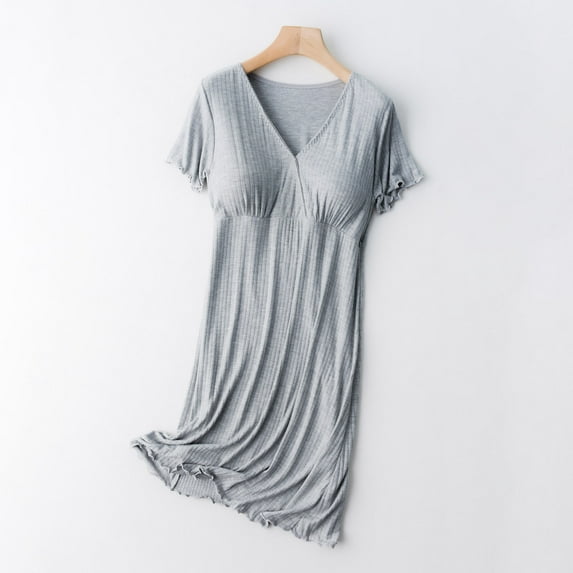 Hvyesh Maternity Nightgown for Women Short Sleeve V Neck Nursing Dress Solid Breastfeeding Sleepwear for Hospital Short Breastfeeding Nightgown