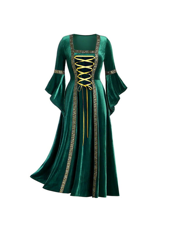 Hvyesh Medieval Dresses for Women Halloween Costumes Long Trumpet Sleeve Square Neck Long Dress Lace Up Renaissance Dress