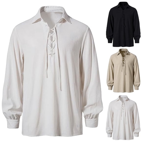 Hvyesh Medieval Long Sleeve Shirts for Men Retro Lace up Halloween Cosplay Pirate Renaissance Costume