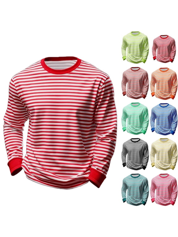 Men Big and Tall Striped T Shirts Loose Long Sleeve Crew Neck Tee Casual Basic Blouse Spring Fall Undershirt