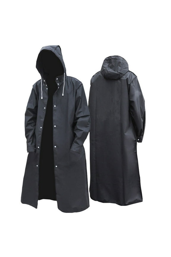 Men Black Waterproof Long Raincoat Rain Coat Hooded Trench Jacket Outdoor Hiking