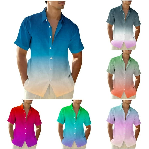 Hvyesh Men Casual Button Down Tshirt Big and Tall Tie Dye Gradient Hawaiian Shirts Trendy Beach Shirt