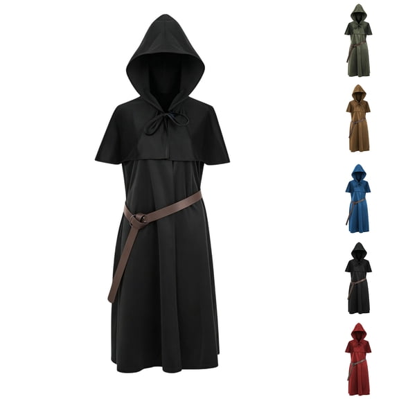 Hvyesh Men Cloak Friar Medieval Cosplay Hood Capes Costumes Retro Short Sleeve Knight Costume