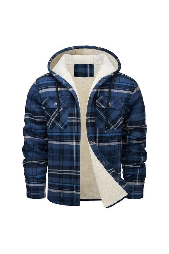 Men Flannel Jacket with Hood Shacket Plaid Shirts Fleece Padded Jackets Button Down Fleece Jackets Big and Tall Sherpa Lined Flannel Shirt Jacket