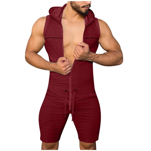 Hvyesh Men Jumpsuits One Piece Shorts Sleeveless Hooded Romper Tracksuit Zipper Drawstring Waist Slim Fit Onesie Bodysuit